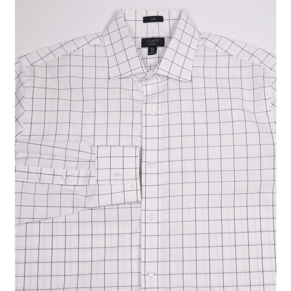 J Crew Mens Ludlow Slim White Navy Checkered Cotton Dress Shirt 15.5-34 - Picture 1 of 7
